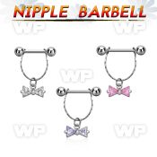 npdl25 steel nipple barbell w chain cubic zirconia bow 