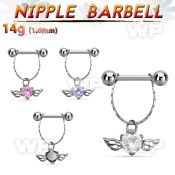 npdl26 steel nipple barbell w chain dangling heart shaped cz