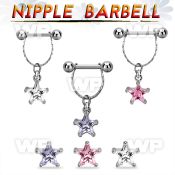 npdl34 steel nipple barbell dangling prong set star shaped cz 