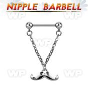 npdl37 steel nipple barbell w dangling happy mustache design