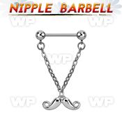 npdl38 steel nipple barbell w dangling happy mustache design
