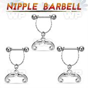 npdl39 steel nipple barbell w dangling french mustache design