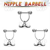 npdl40 steel nipple barbell w dangling happy mustache design
