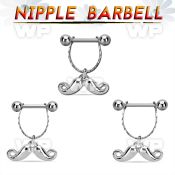 npdl41 steel nipple barbell w dangling happy mustache design