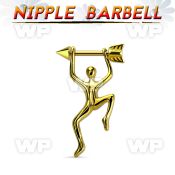 nptd14 gold pvd plated nipple barbell arrow hanging man 