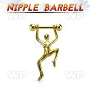 nptd7 gold pvd plated steel nipple barbell, 14g w hanging man 