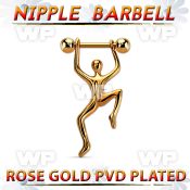 npttd7 rose gold pvd plated steel nipple barbell w hanging man 