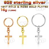 phod39 silver helix hoop earring w plain silver cross dangling