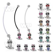 pnd465 pregnancy belly ring w crystal owl sitting on a branch