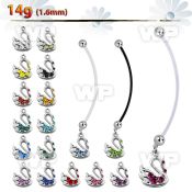 pnd472 pregnancy belly ring w dangling swan with crystals 