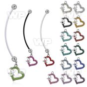 pnd527 pregnancy belly ring w dangling crystal studded heart 