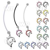 pnd672 pregnancy belly ring w dangling crystal studded dolphin 