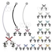 pnd750 pregnancy belly ring w dangling crossed crystal pistol