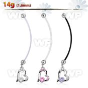 pndz362 pregnancy belly ring w dangling heart w a prong set cz