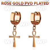 rose gold steel huggie earring w a dangling ankh cross 