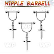 snpod26 steel nipple stirrup 14g  w 5mm balls & dangling dagger