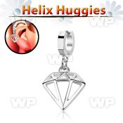 stainless steel huggie w a diamond shaped dangling 