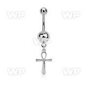 steel belly banana 14g w a dangling ankh cross 