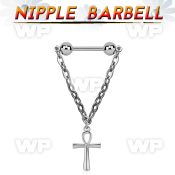 steel nipple barbell w chain & dangling ankh cross 