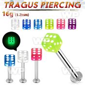 tlbgld4s 316l steel tragus labret 16g 4mm glow in the dark dice 