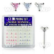 u4graj box w silver 925 nose bone 3mm triangle shaped prong set nose piercing