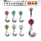 umcd734 titanium g23 belly banana, w a dangling moon w crystals