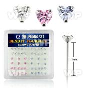 ung4xj box w silver 925 un bent nose stud 3mm heart shaped prong belly piercing