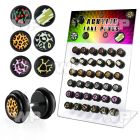 1764s9 display w black acrylic fake logo plugs extra flat clear belly piercing