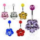 4u7db6k steel belly ring lower acrylic hawaian flowercenter cryst belly piercing