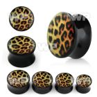 7miaa black acrylic double flare saddle plug leopard fur pictur ear lobe piercing