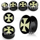 7mirr black acrylic double flare saddle plug white iron cross ear lobe piercing