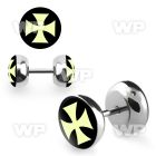 8bmi steel fake plug epoxy covered white iron cross on black belly piercing