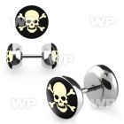 8bmw steel fake plug epoxy covered white skull on black backgr belly piercing