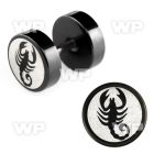 8mb3ek black steel fake plug laser edged scorpion logo on one ear lobe piercing