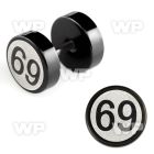 8mb3ep black steel fake plug laser edged 69 logo on one of the ear lobe piercing