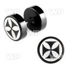 8mb3z black steel fake plug laser edged cross logo on one of ear lobe piercing