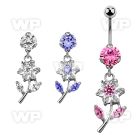 bnrz178 casted steel cz belly banana w cz studded flower design