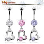 bnrz362 casted steel cz belly banana w heart w a prong set cz
