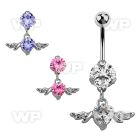 bnrz367 casted steel cz belly banana w heart shaped cz w wings