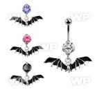 bnrz569 casted steel cz belly banana w dangling black bat