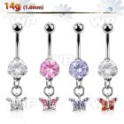 bnrz589 casted steel cz belly banana w small butterfly w cz