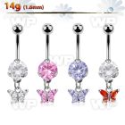 bnrz589 casted steel cz belly banana w small butterfly w cz