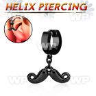 ehk518 black steel helix huggie w a dangling mustache