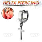 er268ch tiny high polished steel helix huggie w cross dangling