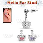 erbdz590 ball steel ear stud w dangling crown with a cz