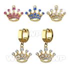 erg703 gold steel huggies earrings w dangling crystal crown