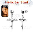 hexvd3 925 silver helix ear stud w dangling star key with wings