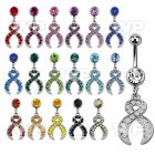 j6109y steel belly ring w dangling crystal studded ribbon length belly piercing