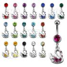 j610lk steel belly ring w dangling swan crystals length 10mm 3 belly piercing