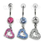 j610pk steel belly ring w dangling crystal studded heart length belly piercing